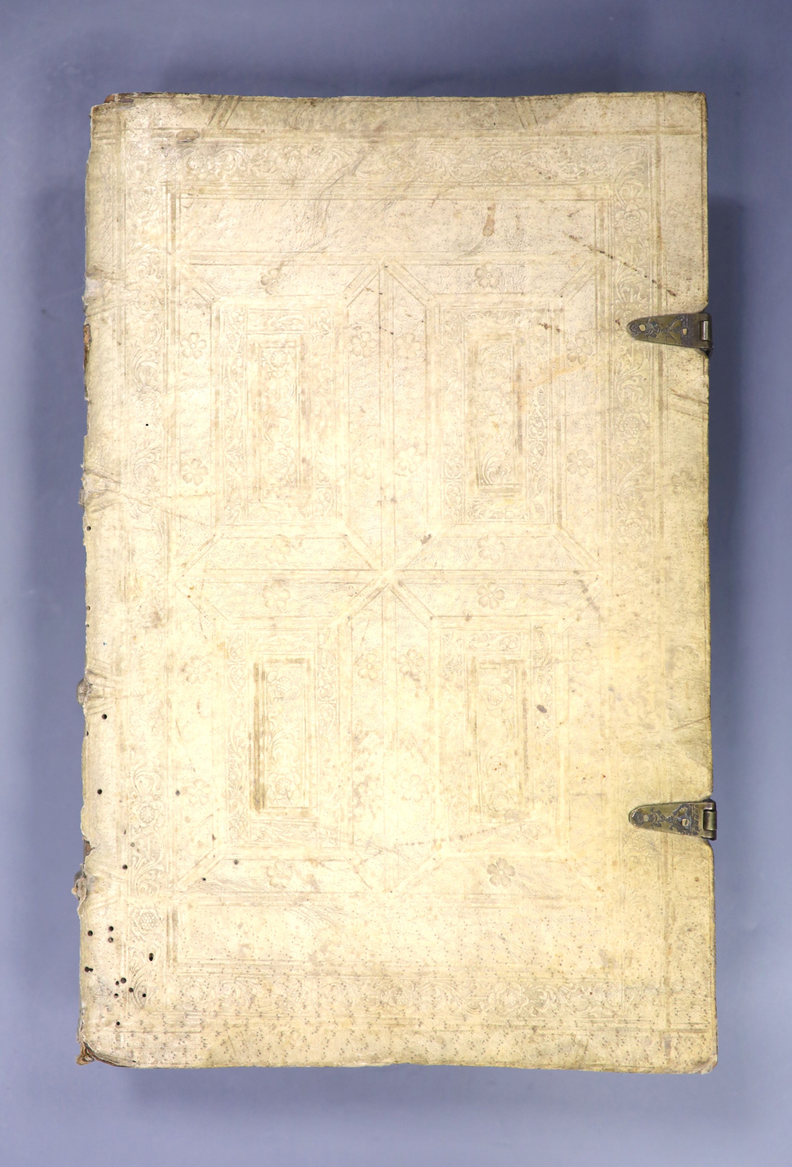 Carthusianus, Dionysius - D.Dionyii Carthusiani Insigne Opus Commentariorrum In Psalmos Omnes Davidicos, folio, contemporary embossed vellum with brass clasps, cover detached, lacking portrait frontispiece, boards with s